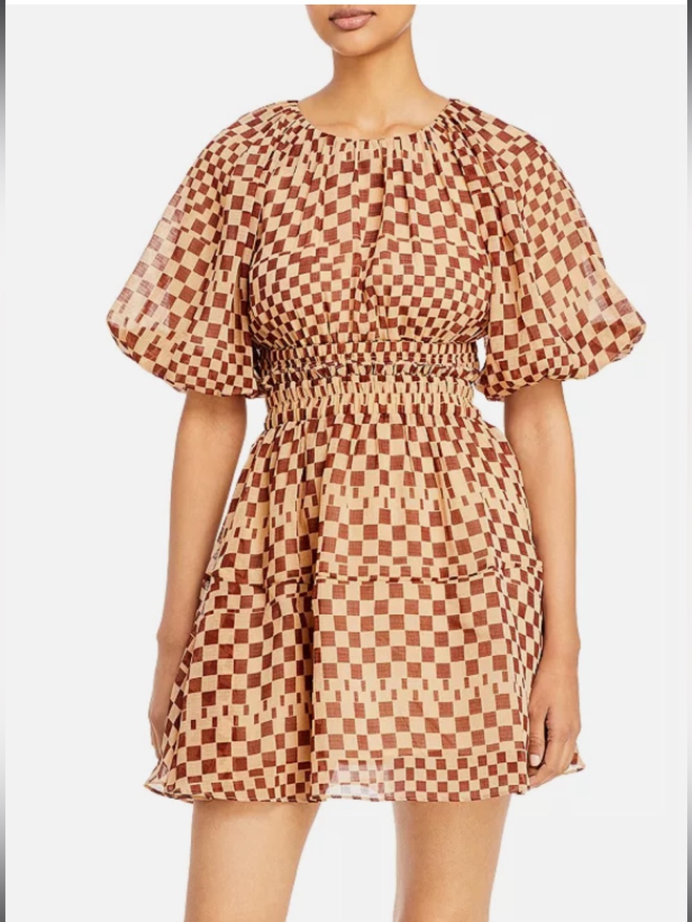 Moon River Plaid Puff Sleeve Back Cutout Mini Dress